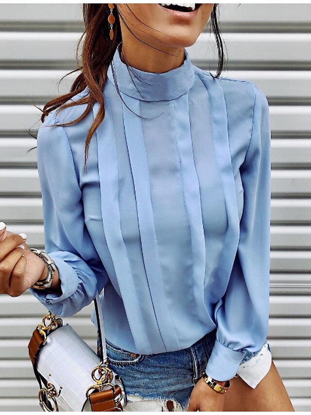 Per donna Camicia Tinta unita Manica lunga Rotonda Top Top di base Bianco Blu