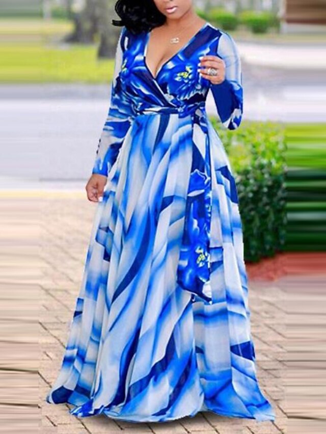  Women's Shift Dress Maxi long Dress - Long Sleeve Floral Plaid Deep V Plus Size Street chic Boho Chiffon Blue Red S M L XL XXL