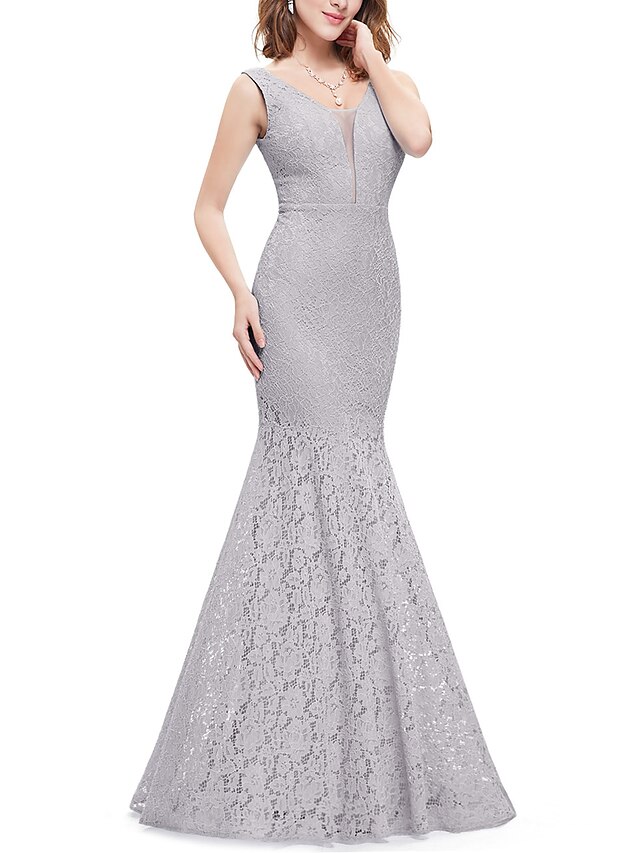  Mermaid / Trumpet Elegant See Through Formal Evening Dress Illusion Neck Y Neck Sleeveless Sweep / Brush Train Lace with Lace Insert 2021