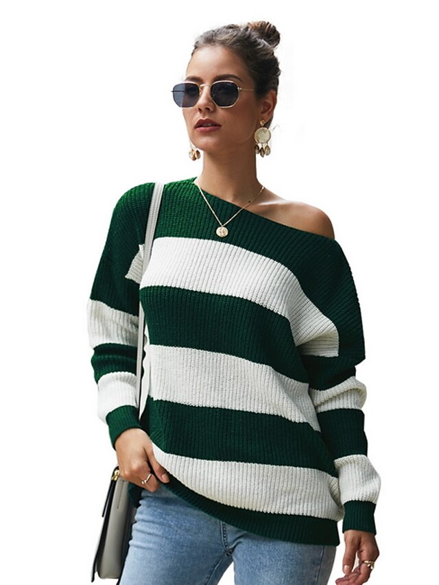  Women's Striped Pullover Long Sleeve Sweater Cardigans One Shoulder Fall Yellow Khaki Green