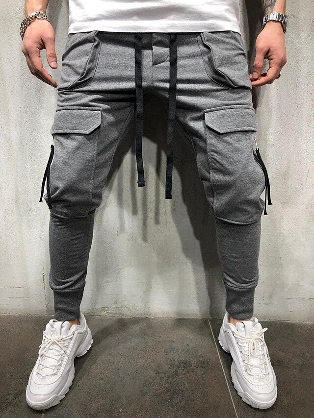  Men's Basic Classic Trousers Cargo Pants Full Length Pants Micro-elastic Cotton Solid Colored Mid Waist Black Gray White XS S M L XL / Drawstring