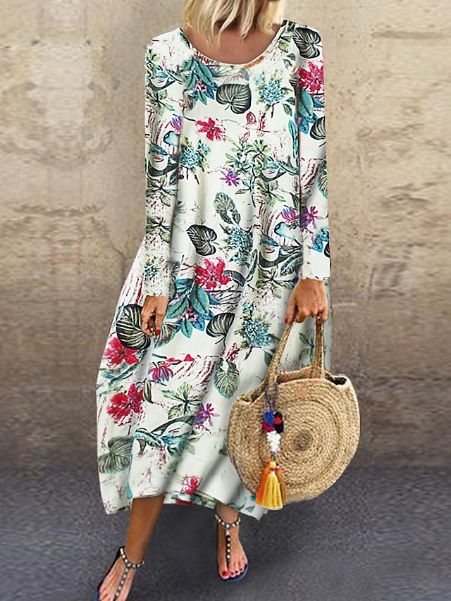 Women's Plus Size Shift Dress Midi Dress - Long Sleeve Floral Print ...