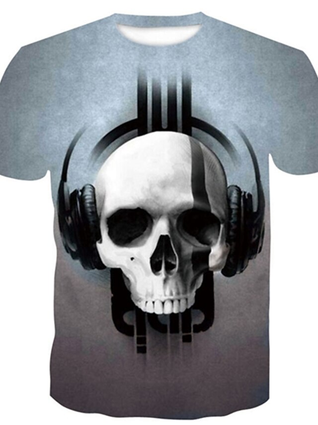  Men's T-shirt Graphic Skull Tops Round Neck Gray