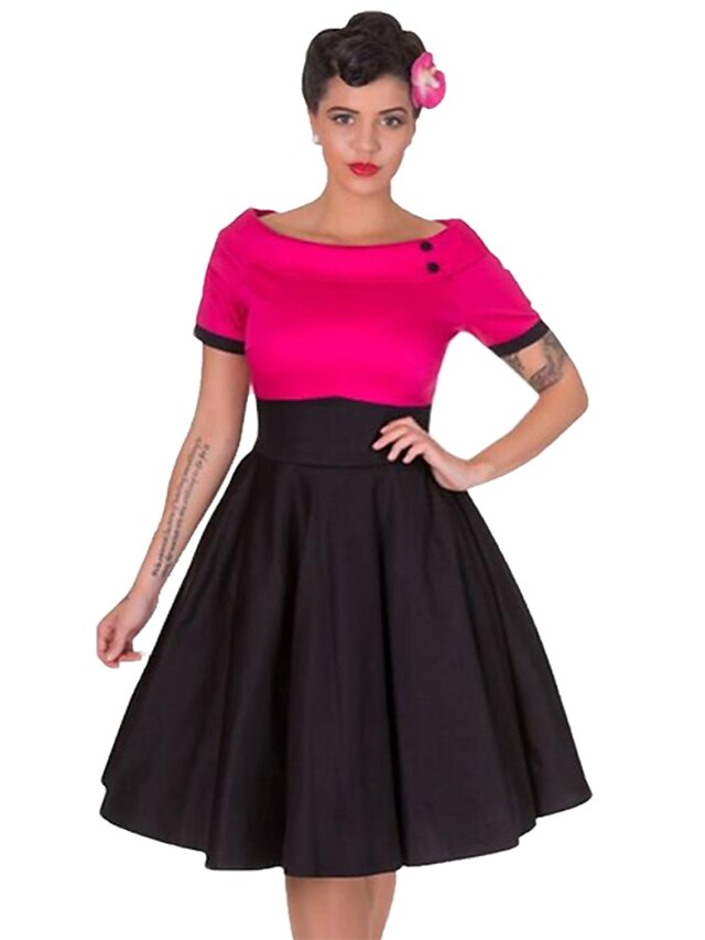 Women's Swing Dress Short Sleeve Polka Dot Vintage Cotton Black Red Fuchsia S M L XL XXL 3XL