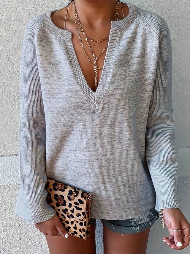  Women's Solid Colored Pullover Long Sleeve Sweater Cardigans V Neck Fall Gray