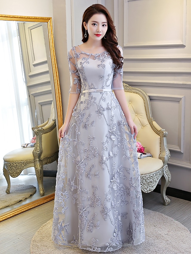  A-Line Sexy Formal Evening Dress Scoop Neck Half Sleeve Floor Length Lace with 2020