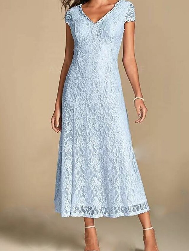 A-Line Mother of the Bride Dress Wedding Guest Plus Size V Neck Ankle Length Lace Short Sleeve with Pleats