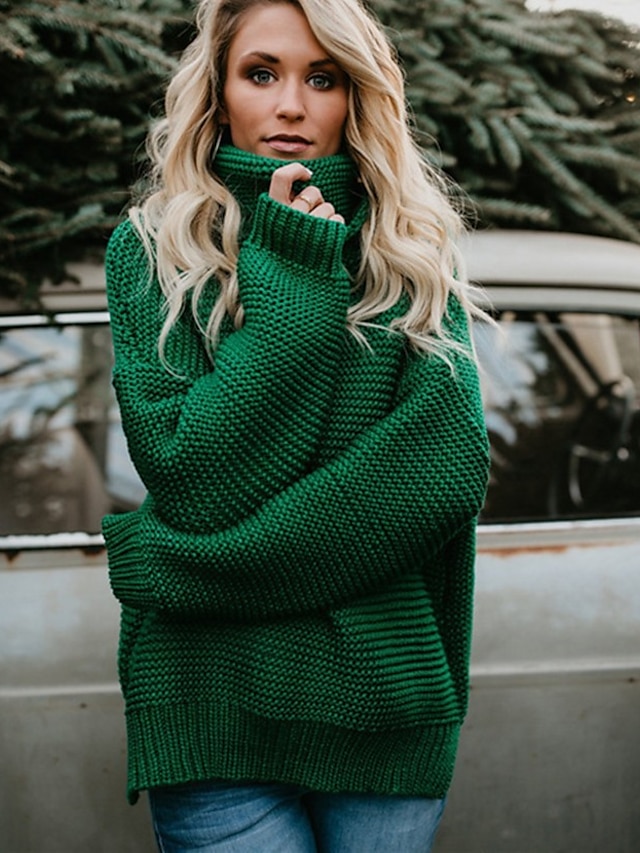  Women's Sweater Pullover Jumper Knitted Solid Color Basic Casual St. Patrick's Day Long Sleeve Regular Fit Sweater Cardigans Turtleneck Fall Winter Green Gray Pink / Holiday / Going out
