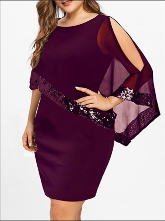  Women's Plus Size Wine Purple Dress Basic T Shirt Solid Colored Sequins Patchwork S M Loose