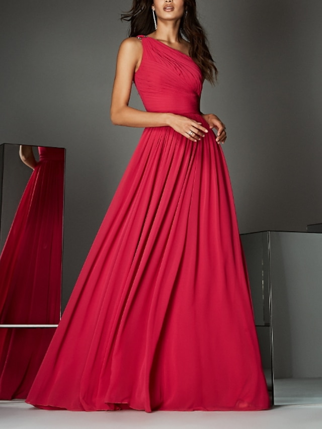  A-Line Evening Gown Empire Dress Wedding Guest Formal Evening Sweep / Brush Train Sleeveless One Shoulder Bridesmaid Dress Chiffon with Pleats Ruched 2024