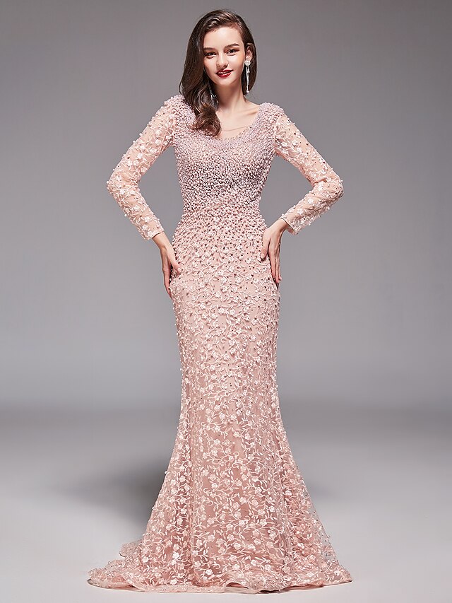  Sheath / Column Elegant Sexy Formal Evening Dress V Neck Long Sleeve Sweep / Brush Train Floral Lace with Beading 2020