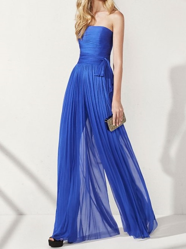  Jumpsuits Elegant Wedding Guest Formal Evening Dress Strapless Sleeveless Floor Length Chiffon with Ruched Pearls Draping 2022
