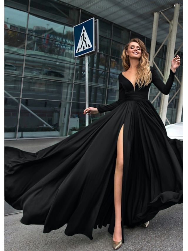  A-Line Evening Gown Empire Black Dress Holiday Wedding Guest Floor Length Long Sleeve V Neck Chiffon V Back with Slit Pure Color 2024