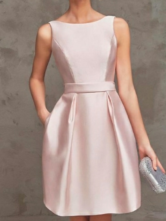  A-Linie Cocktailkleider Party Kleid kleid hochzeitsgast Abschluss Kurz / Mini Ärmellos Bateau Pinkes Kleid Satin V Zurück mit Plissee 2024