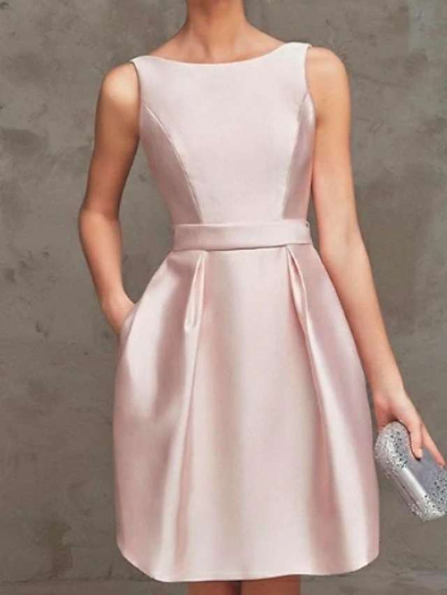 A-Line Cocktail Dresses Party Dress Wedding Guest Graduation Short / Mini Sleeveless Boat NeckDress Satin V Back with Pleats Dresses 7