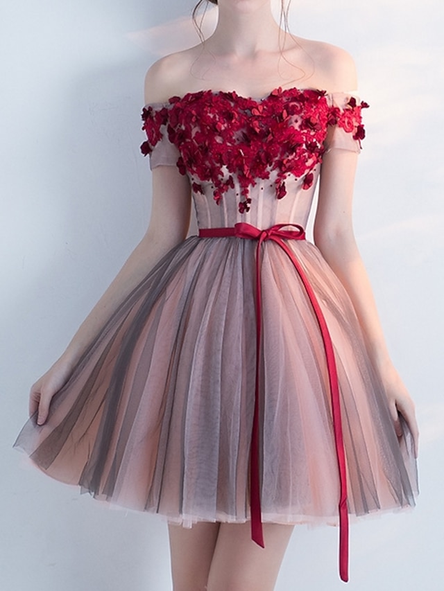  A-Line Cocktail Dresses Party Dress Valentine's Day Homecoming Short / Mini Short Sleeve Off Shoulder Pink Dress Tulle with Bow(s) Appliques 2024