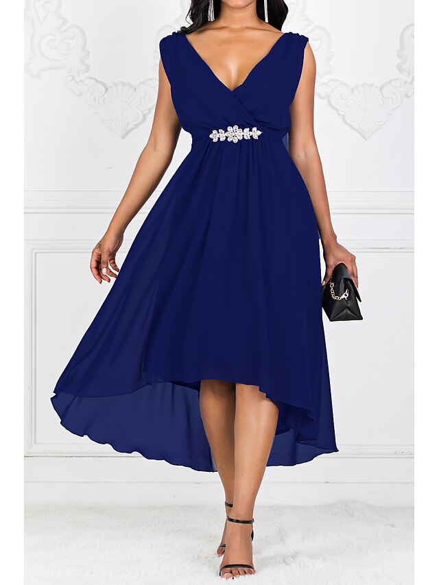 نسائي فستان شكل حرف A فستان طويل أرجواني أحمر أزرق البحرية بدون كم لون سادة V رقبة 纯色 شيفون S M L XL XXL 3XL 4XL 5XL / قياس كبير / قياس كبير