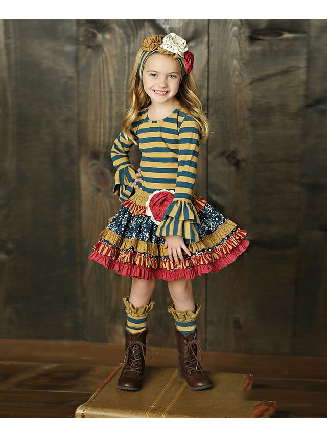  Kids Girls' Clothing Set Long Sleeve Rainbow Striped Cotton Basic