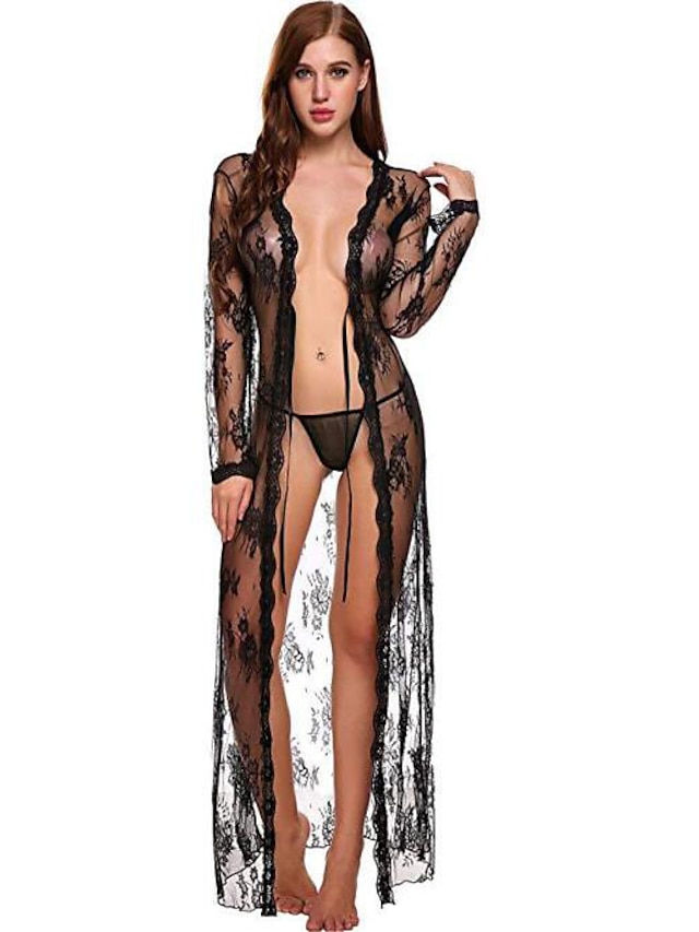  Women's Lace Super Sexy Robes Suits Nightwear Solid Colored White / Black / Blue S M L