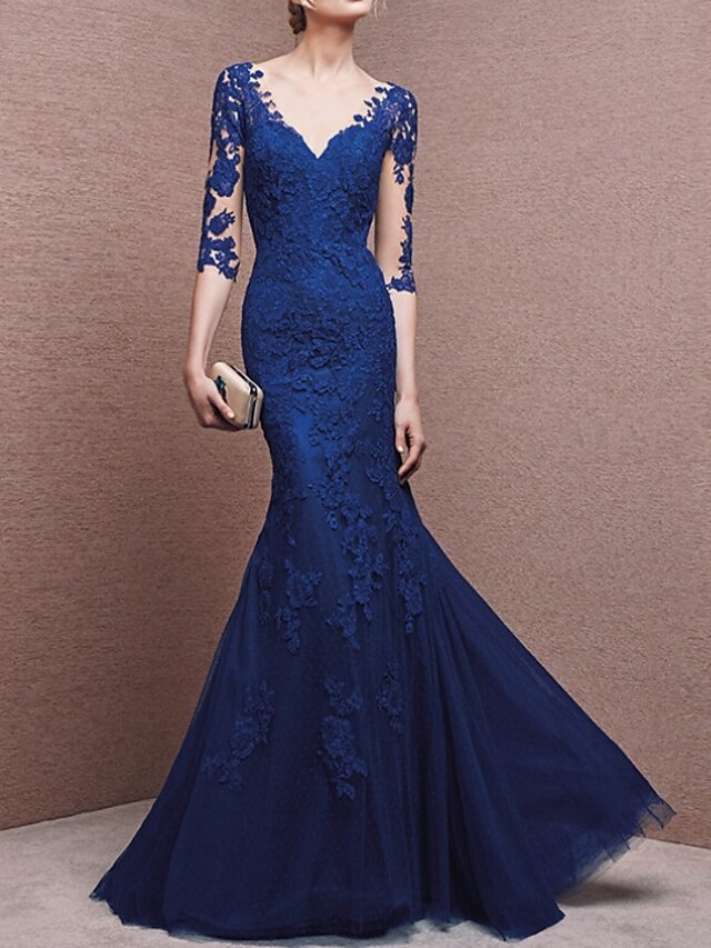 Mermaid / Trumpet Evening Gown Beautiful Back Dress Formal Evening Floor Length Half Sleeve Plunging Neck Lace with Buttons Lace Insert 2024