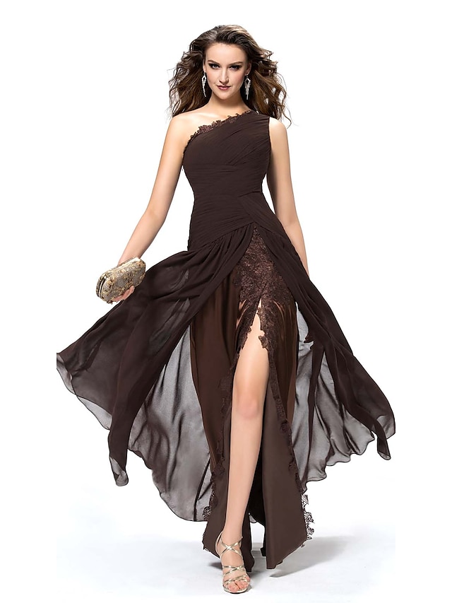  A-Line Evening Gown Elegant Dress Party Wear Formal Evening Floor Length Sleeveless One Shoulder Chiffon Backless with Slit Lace Insert 2024
