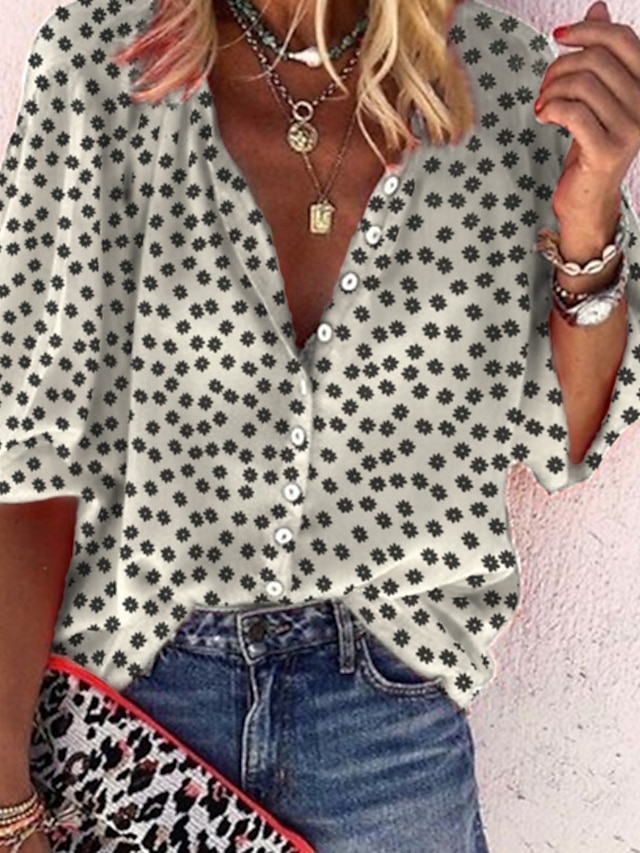  Women's Shirt Blouse Black White Yellow Polka Dot Long Sleeve Daily Basic Shirt Collar M