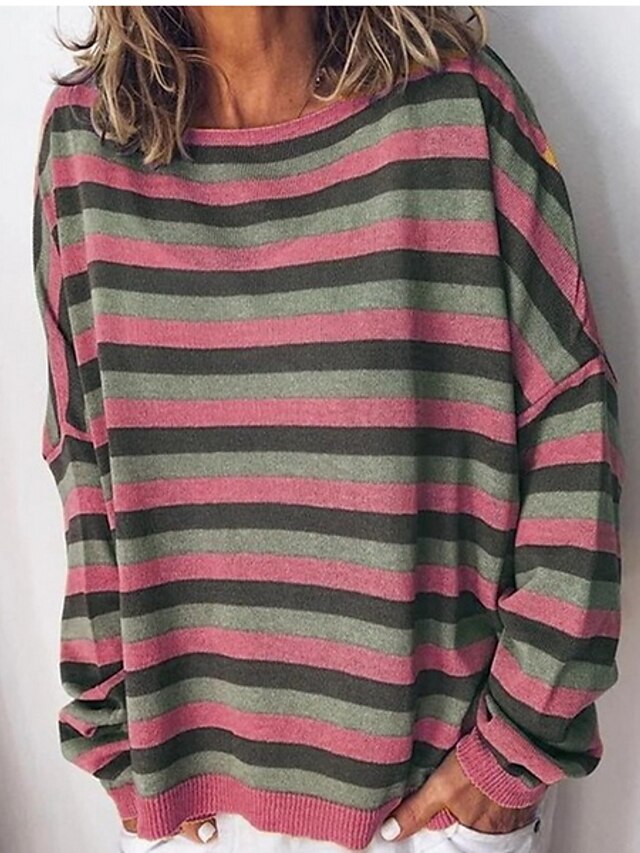  Women's Sweatshirt Striped Basic Yellow Blushing Pink Green Gray S M L XL XXL XXXL XXXXL XXXXXL