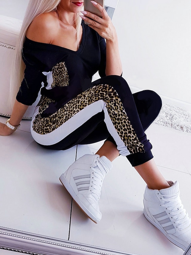  Women's Jumpsuit Leopard V Neck Basic Straight Regular Fit Black S M L