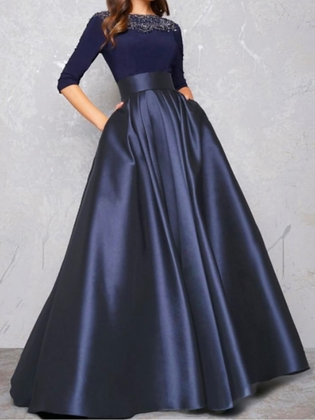  Ball Gown Evening Gown Minimalist Dress Quinceanera Formal Evening Floor Length Half Sleeve Illusion Neck Fall Wedding Guest Satin with Pleats Lace Insert 2024