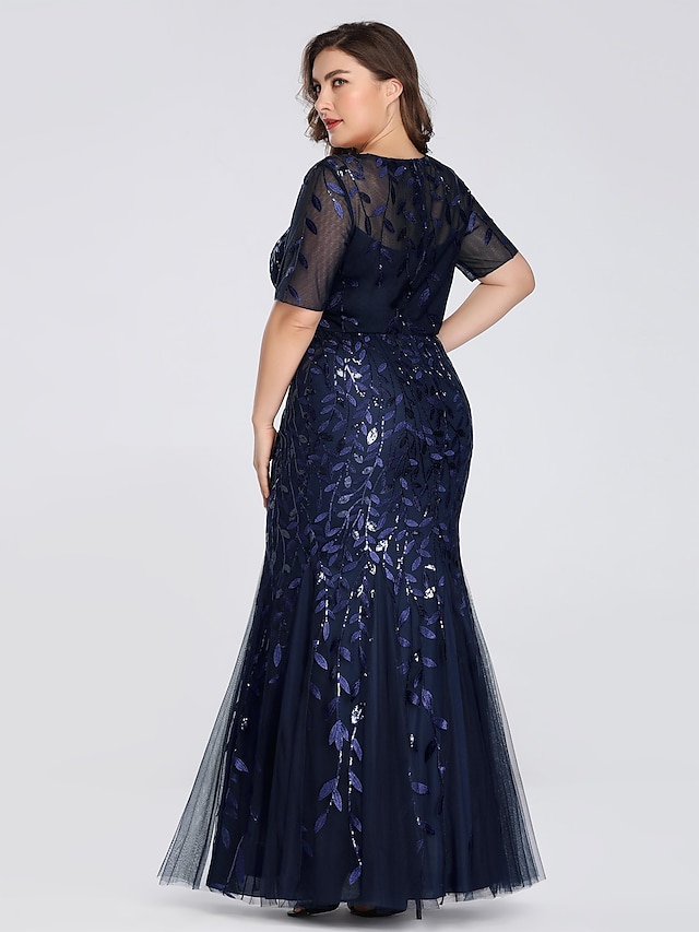  Mermaid / Trumpet Evening Gown Plus Size Dress Formal Evening Floor Length Short Sleeve Jewel Neck Fall Wedding Guest Tulle Ladder Back with Sequin Appliques 2024