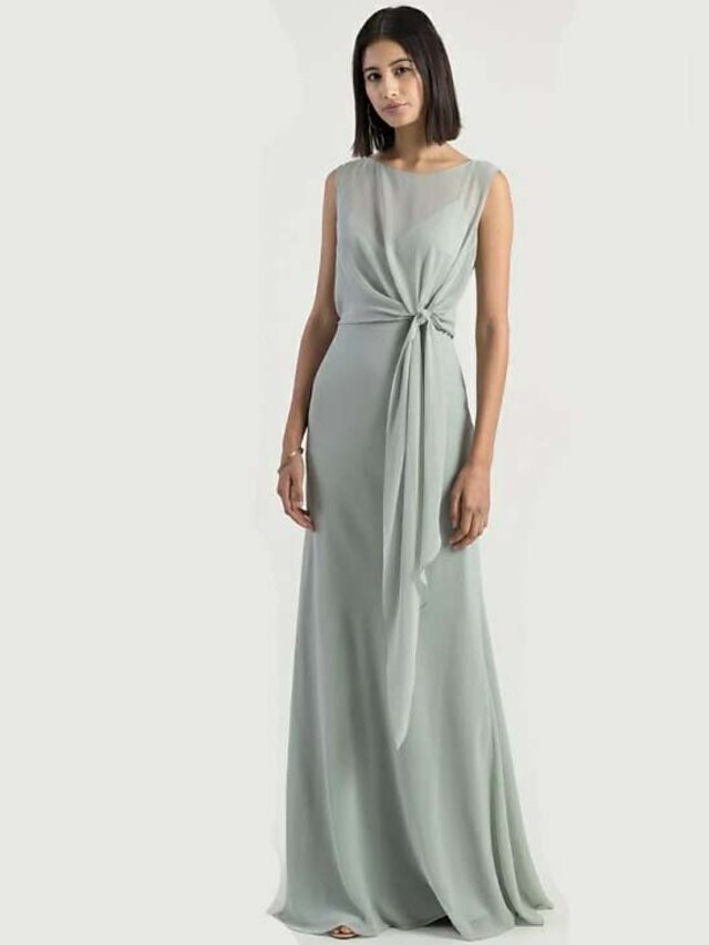  Sheath / Column Bridesmaid Dress Jewel Neck Sleeveless Elegant Floor Length Chiffon with 2022