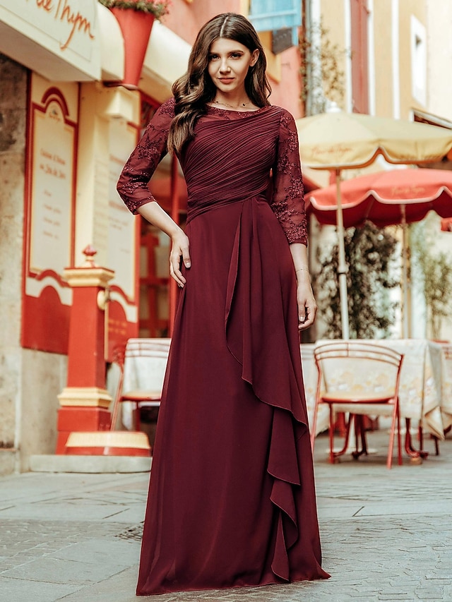  A-Line Empire Elegant Prom Formal Evening Valentine's Day Dress Jewel Neck 3/4 Length Sleeve Floor Length Chiffon Lace with Draping Lace Insert 2021