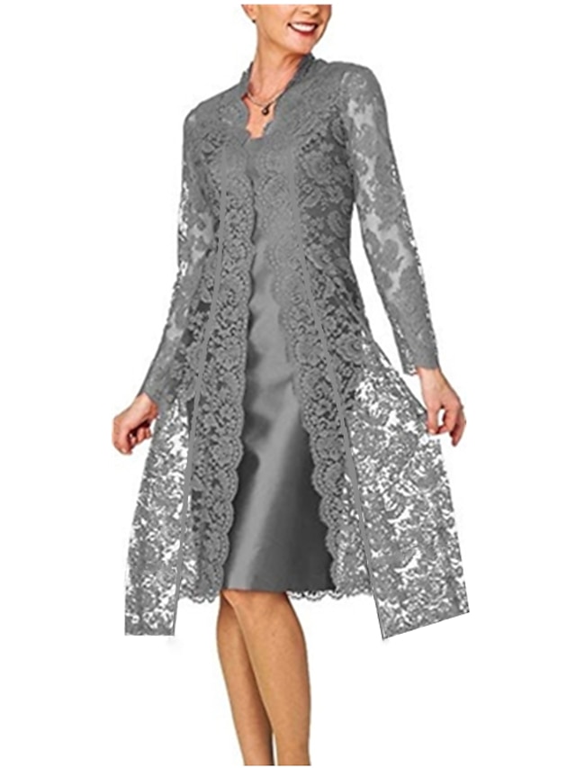  Women's Lace Knee Length Dress Blue Black Gray Red Long Sleeve Solid Colored Lace Clothing Fall Spring V Neck Hot For Mother / Mom 2022 S M L XL XXL 3XL 4XL 5XL / Plus Size / Plus Size