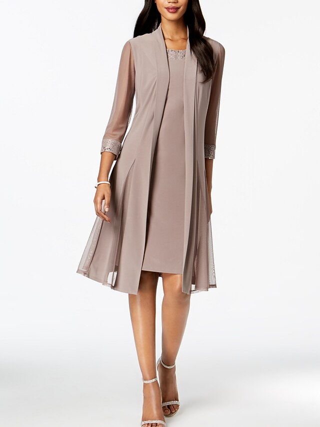 Sheath V Neck Knee Length Chiffon Two Piece Mother of Bride Dress