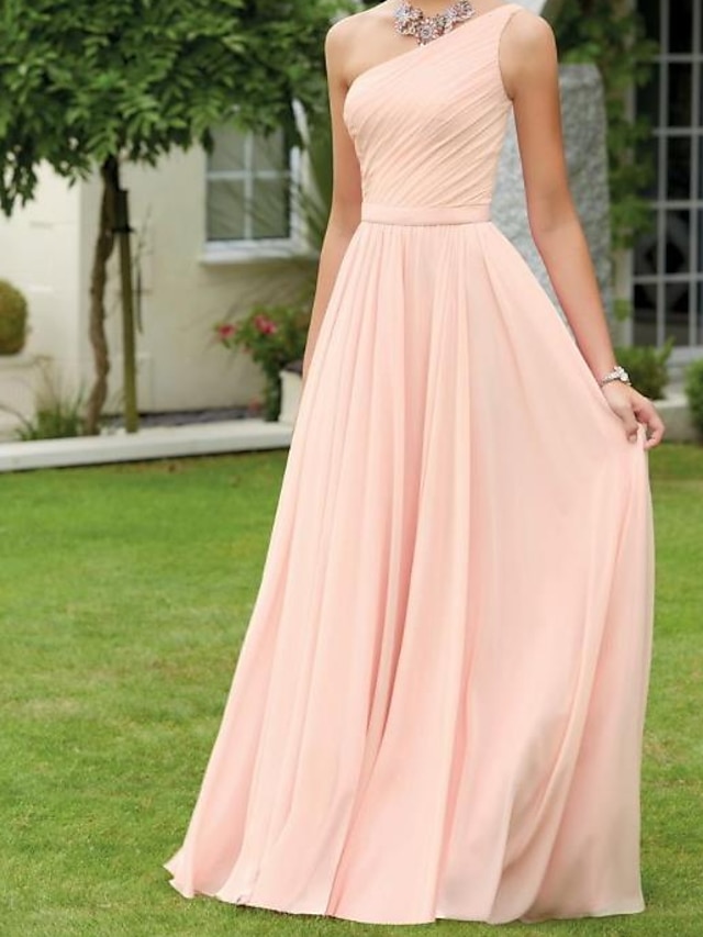  A-Line Bridesmaid Dress One Shoulder Sleeveless Elegant Floor Length Chiffon with Pleats 2022