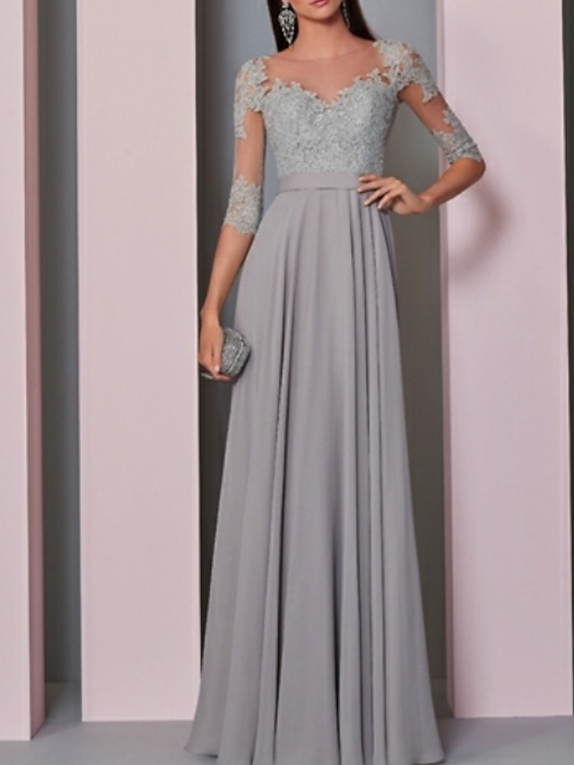  A-Line Evening Gown Empire Dress Wedding Guest Formal Evening Floor Length Half Sleeve Illusion Neck Chiffon with Pleats Appliques 2024