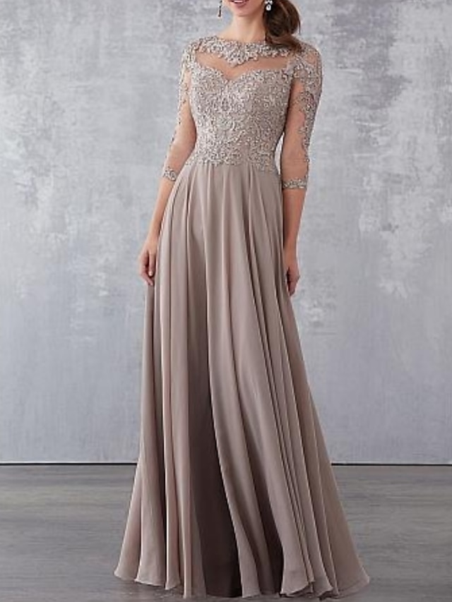  A-Line Mother of the Bride Dress Elegant See Through Jewel Neck Floor Length Chiffon Lace 3/4 Length Sleeve with Draping Appliques Wedding Guest Dresses 2022