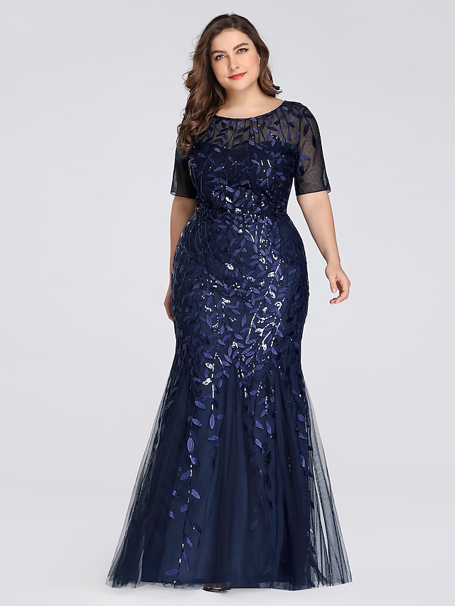  Mermaid / Trumpet Evening Gown Plus Size Dress Formal Evening Floor Length Short Sleeve Jewel Neck Fall Wedding Guest Tulle Ladder Back with Sequin Appliques 2024