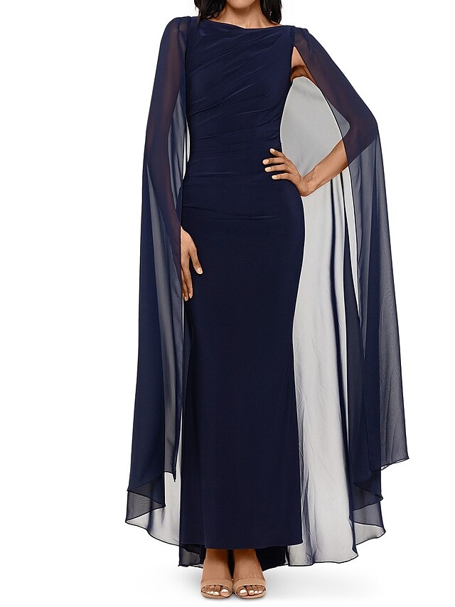  מעטפת \ עמוד שמלות ערב אלגנטית שמלה ערב רישמי א-סימטרי שרוול ארוך עם תכשיטים שיפון עם אסוף 2024