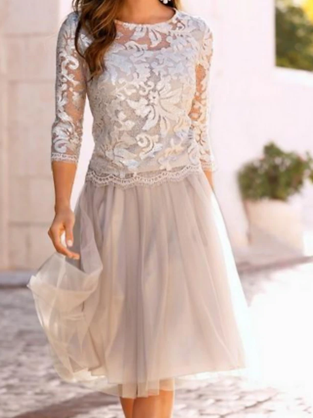 Beach Wedding A-Line Mother of the Bride Dress Wedding Guest Elegant See Through Jewel Neck Knee Length Chiffon Lace Tulle 3/4 Length Sleeve with Pleats Appliques4