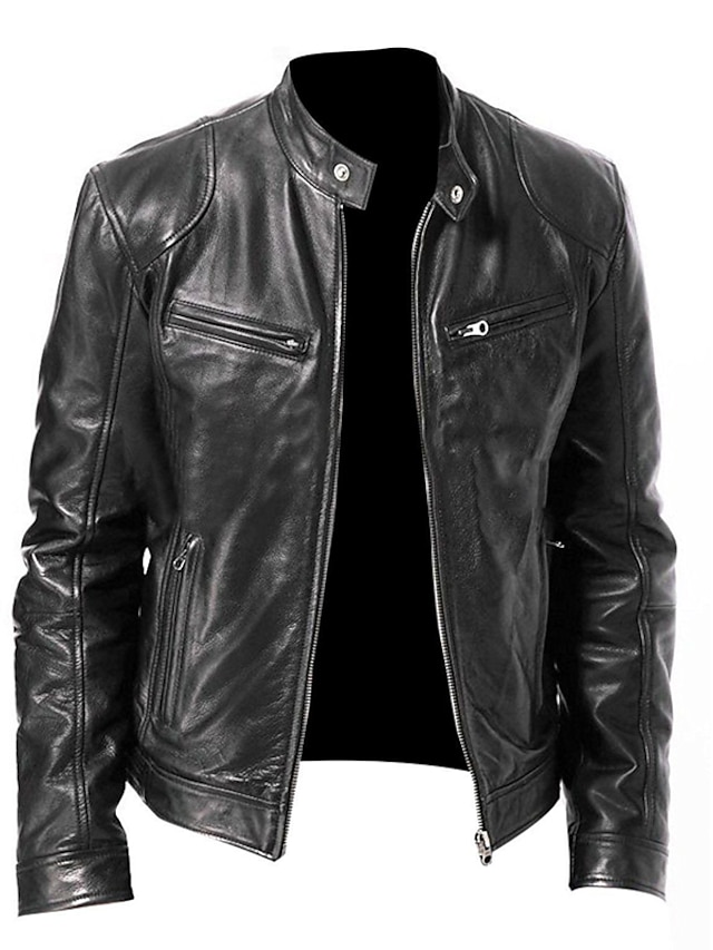  Men's Faux Leather Jacket Biker Jacket Motorcycle Jacket Street Daily Thermal Warm Windproof Pocket Fall Stand Collar Regular Faux Leather Regular Fit Black Jacket