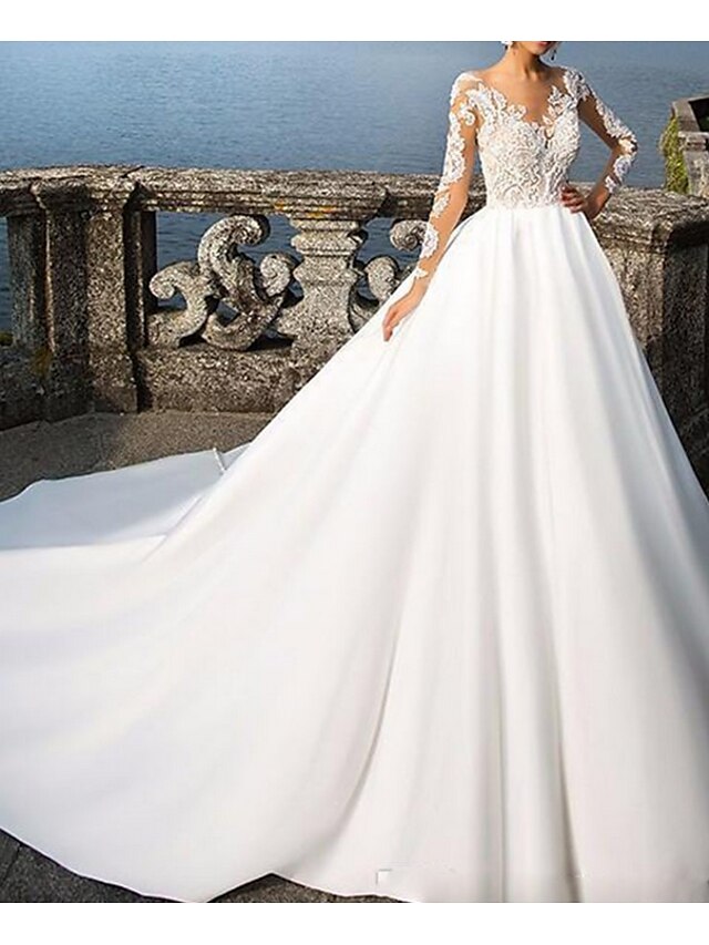  Ball Gown Wedding Dresses V Neck Sweep / Brush Train Lace Satin Long Sleeve Casual Beautiful Back Illusion Sleeve with Buttons 2020