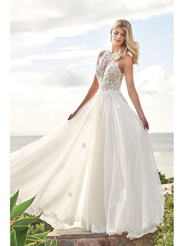  A-Line Wedding Dresses Jewel Neck Sweep / Brush Train Chiffon Lace Regular Straps Beach Boho Backless with Buttons Appliques 2020