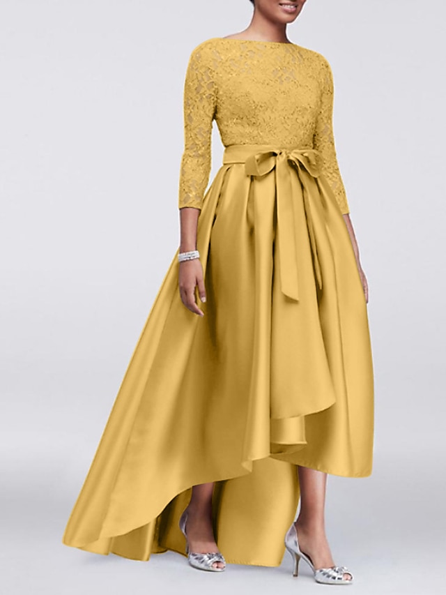  Vestido de Mãe da Noiva A-Line Convidada do Casamento Elegante Plus Size Decote Joia Comprimento Assimétrico Cetim Renda Manga 3/4 com Faixa  Ribbons Apliques