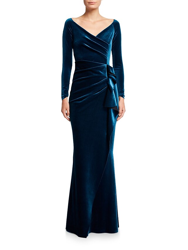  Mermaid / Trumpet Evening Gown Elegant Dress Formal Evening Floor Length Long Sleeve V Neck Velvet with Draping 2023
