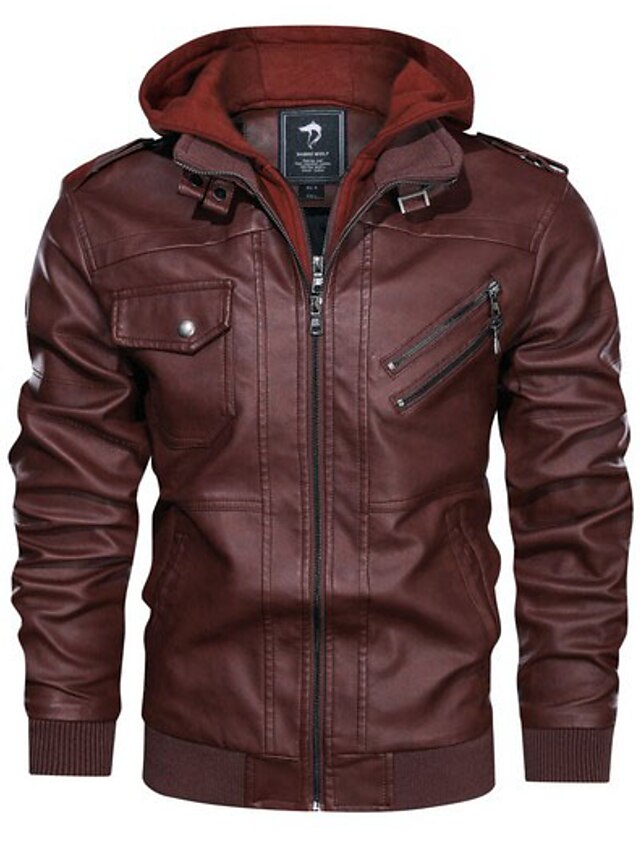  Men's Hooded Faux Leather Jacket Regular Solid Colored Daily Long Sleeve Black Brown Gray US32 / UK32 / EU40 US36 / UK36 / EU44 US38 / UK38 / EU46 US42 / UK42 / EU50