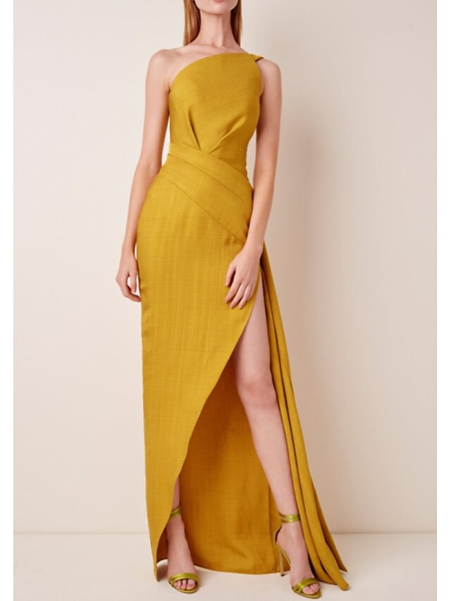 Satin Rust Formal Dress One Shoulder Minimalist Sheath/Column Stretch Satin Long Formal Dress