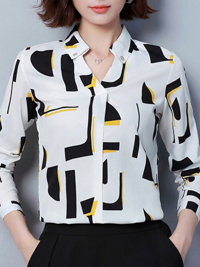  Women's Daily Blouse - Geometric Shirt Collar White