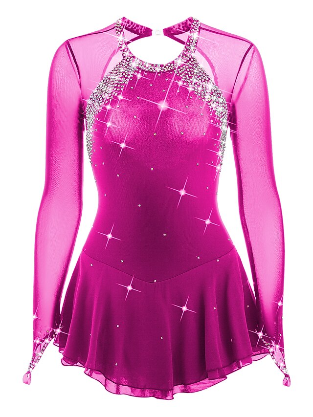 Figure Skating Dress Women's Girls' Ice Mesh Spandex High Elasticity Long Sleeve Ice Skating Dress
