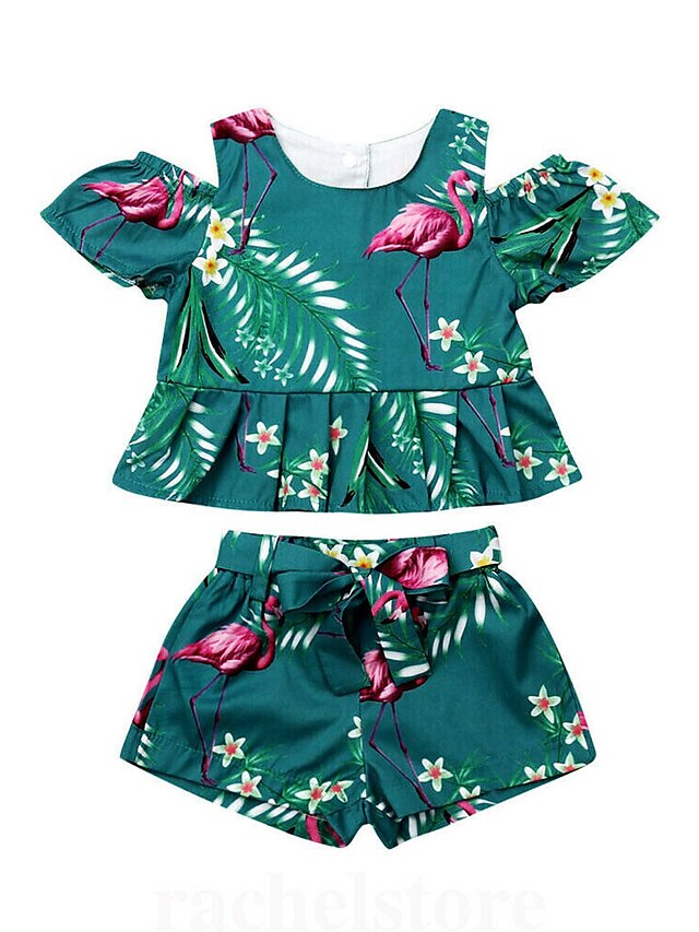  Baby Girls' Casual Tropical Leaf Flamingos Print Pleated Print Short Sleeve Long Clothing Set Green / Toddler